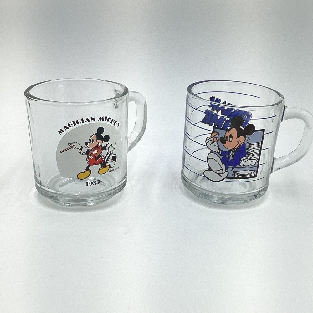 Vintage Mickey Mouse Glass Mug Set Magician‎ Break Time Walt Disney Collectible